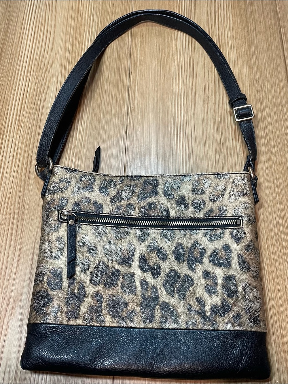Danier Metallic Leopard Print Genuine Leather Crossbody Bag - Black & Gold